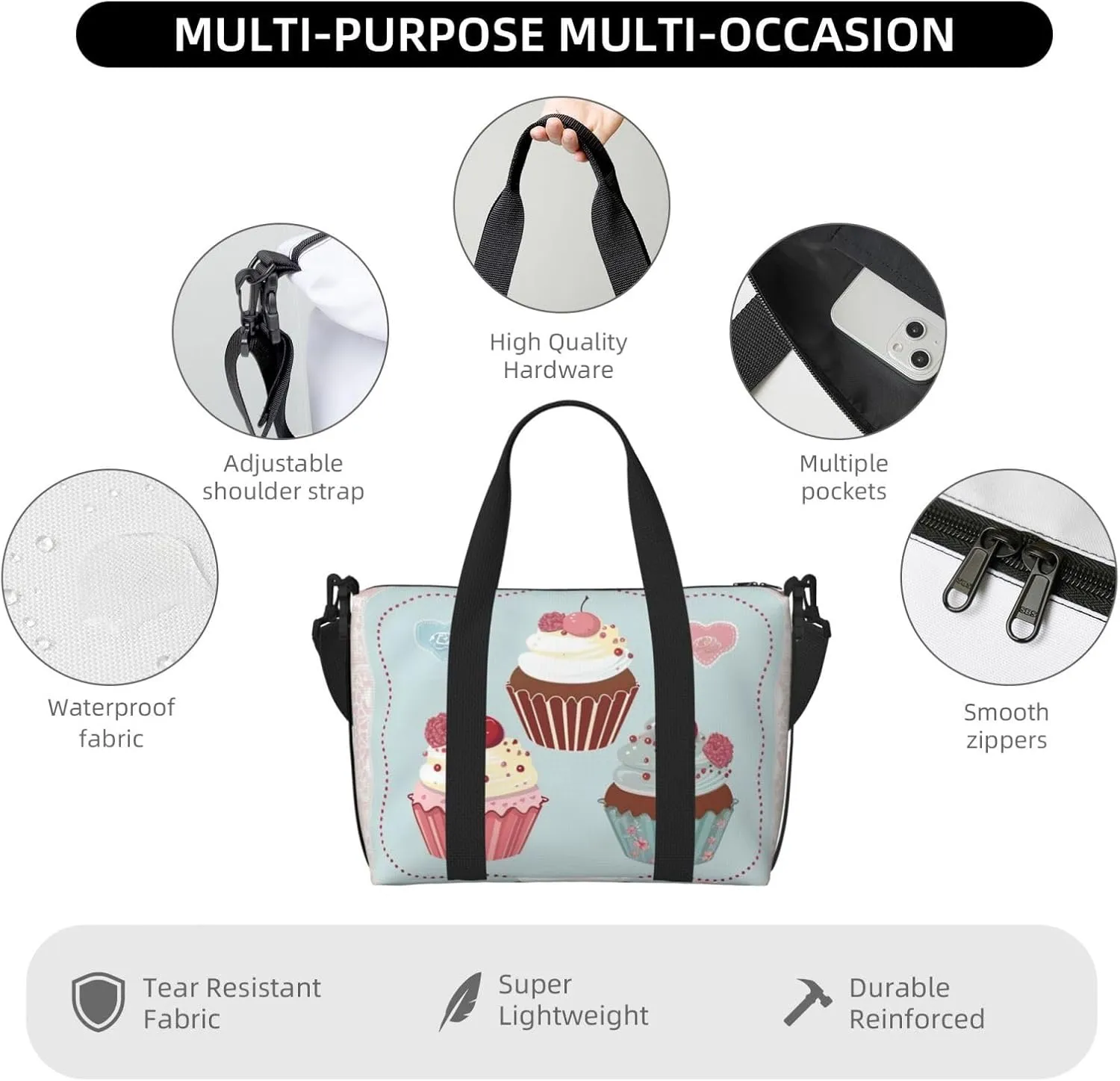 Travel Duffle Bag Cute Cupcakes Theme Food Weekender Overnight Bags Luggage Bag for Women Men Waterproof Sports Gym Bag Hand Bag with Shoulder Strap