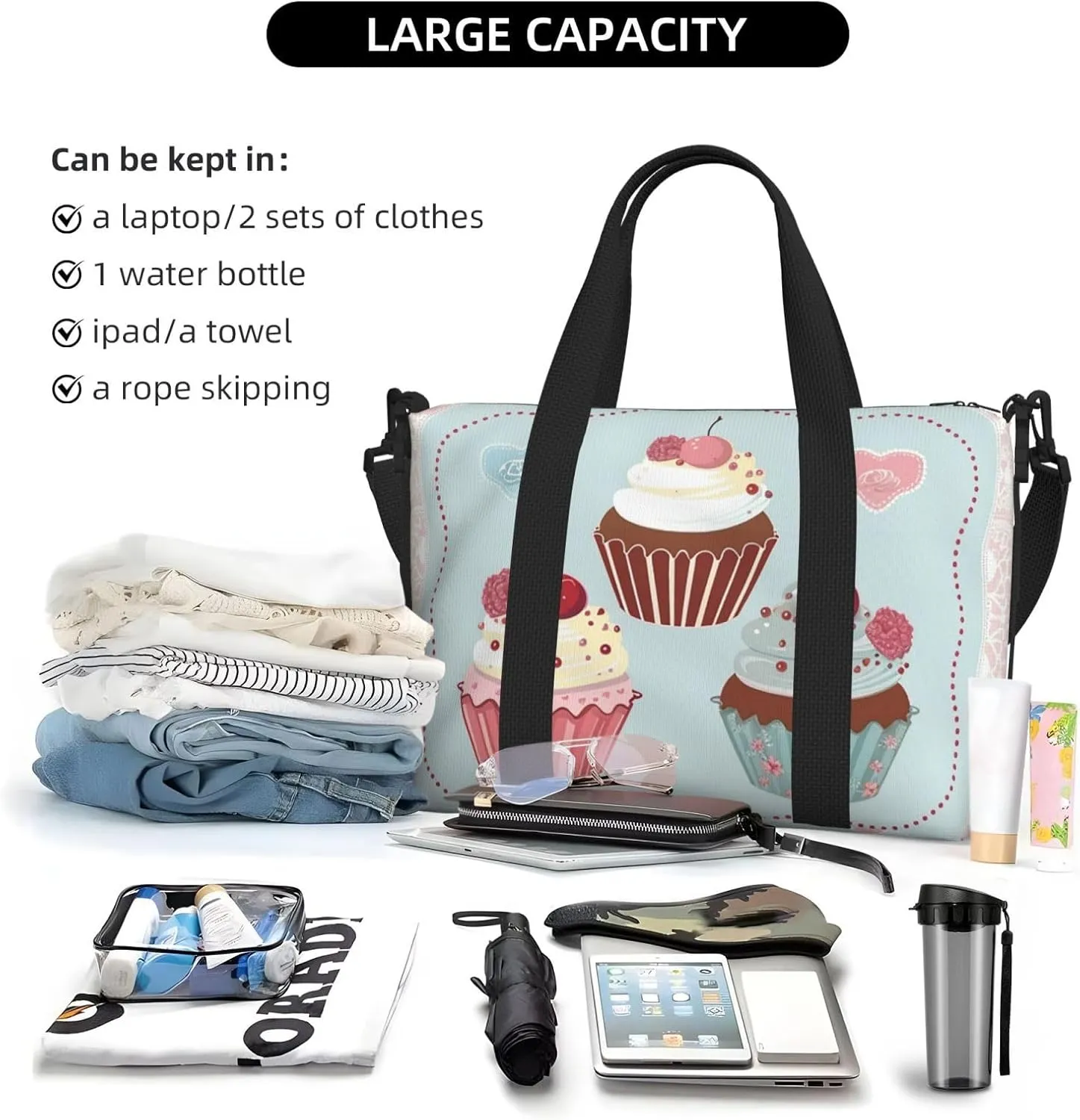 Travel Duffle Bag Cute Cupcakes Theme Food Weekender Overnight Bags Luggage Bag for Women Men Waterproof Sports Gym Bag Hand Bag with Shoulder Strap