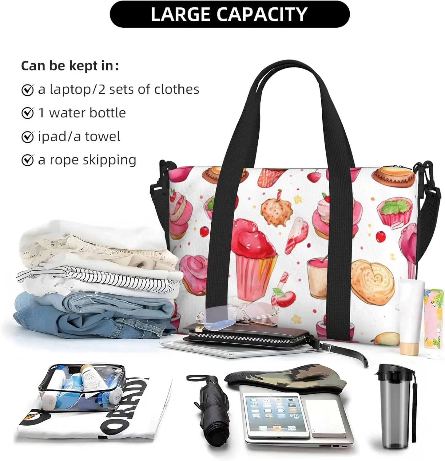 Travel Duffle Bag Pancake Strawberry Weekender Overnight Bags Luggage Bag for Women Men Waterproof Sports Gym Bag Hand Bag with Shoulder Strap