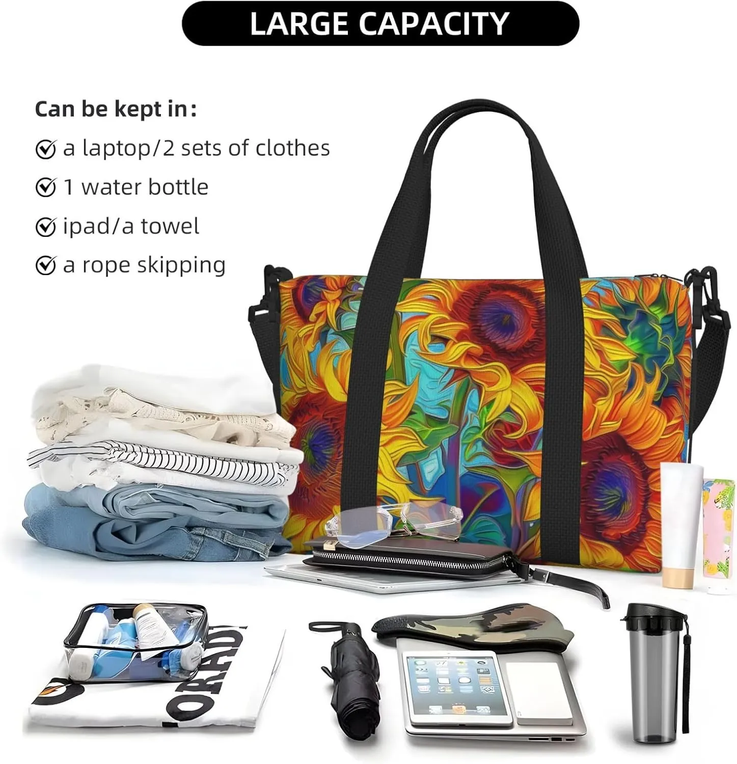 Travel Duffle Bag Sunflower Painting Weekender Overnight Bags Luggage Bag for Women Men Waterproof Sports Gym Bag Hand Bag with Shoulder Strap