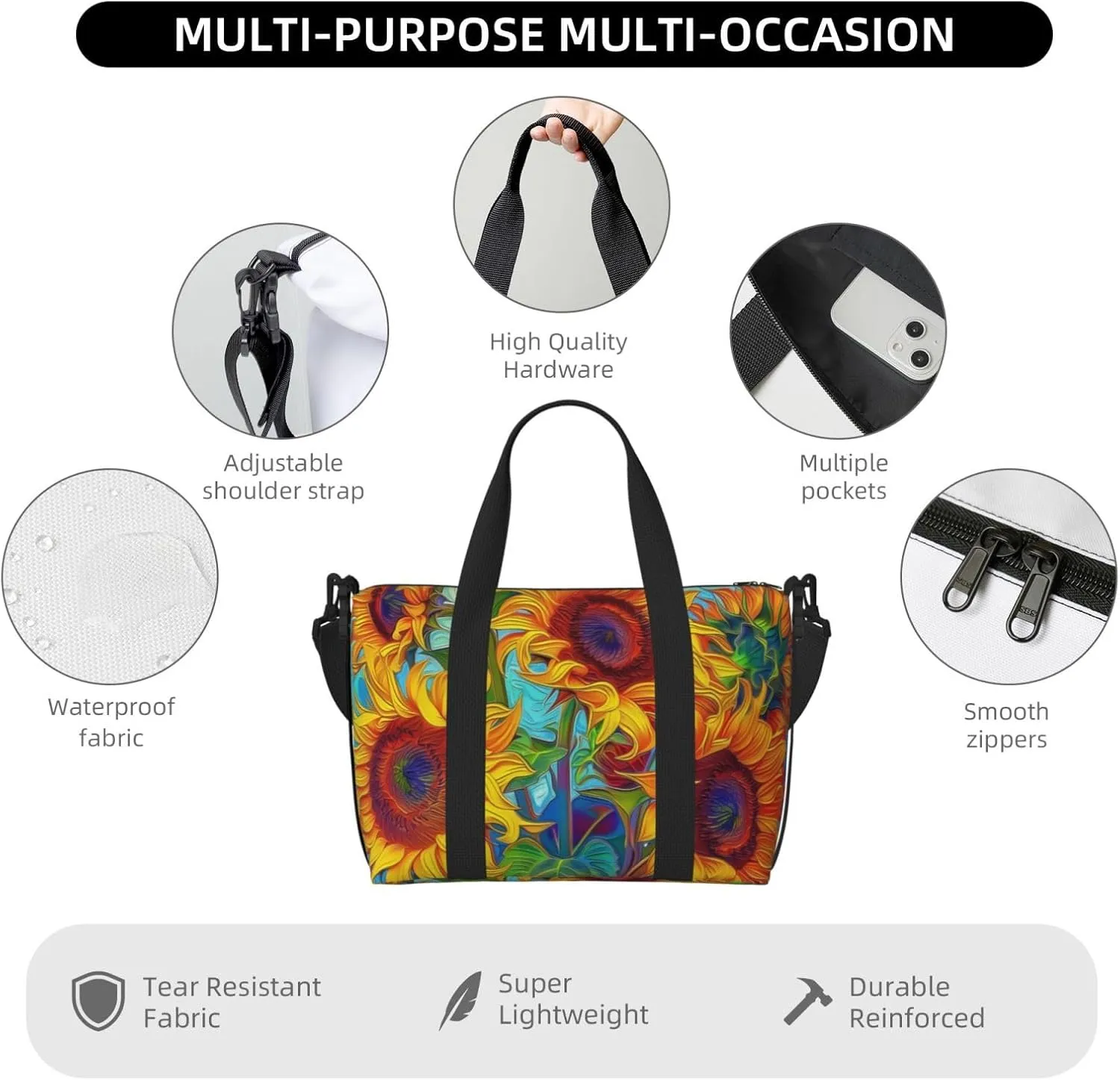 Travel Duffle Bag Sunflower Painting Weekender Overnight Bags Luggage Bag for Women Men Waterproof Sports Gym Bag Hand Bag with Shoulder Strap