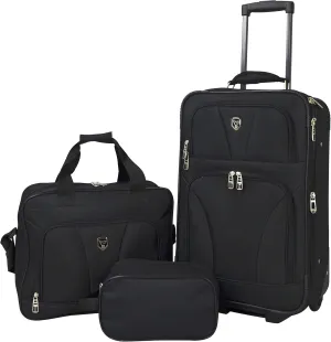 Travelers Club Bowman Expandable Luggage, Black, 3-Piece Set (Dopp/Tote/20)