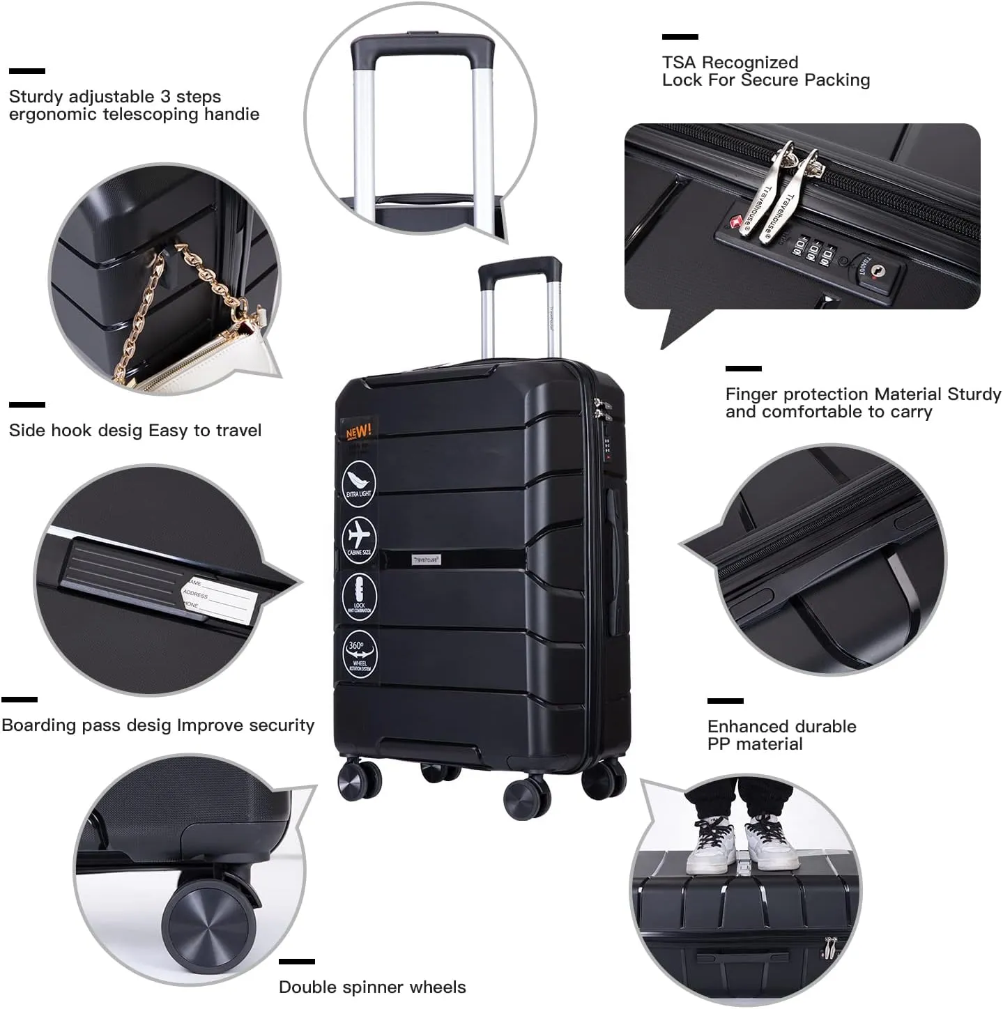 Travelhouse Luggage 3 Piece Set Suitcase with Spinner Wheels TSA Locks PP Luggage Hardside Carry on 20in 24in 28in For Unisex (Black)