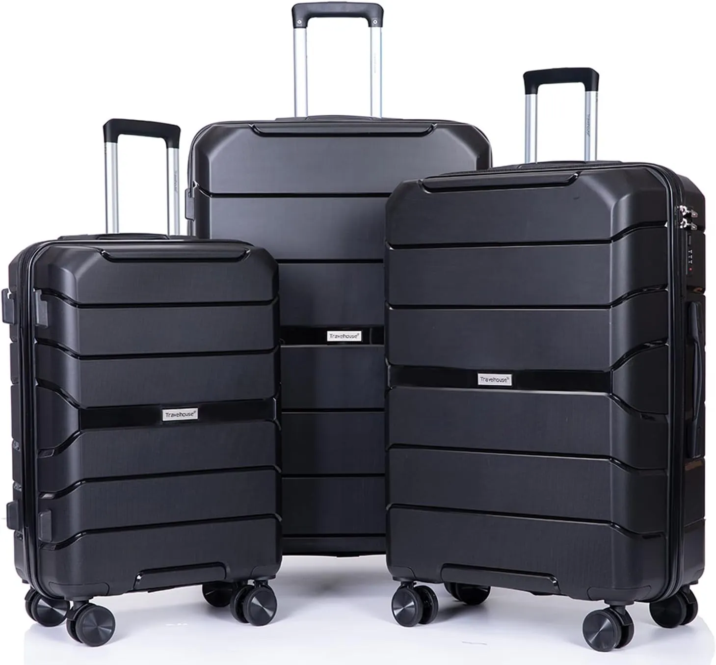 Travelhouse Luggage 3 Piece Set Suitcase with Spinner Wheels TSA Locks PP Luggage Hardside Carry on 20in 24in 28in For Unisex (Black)