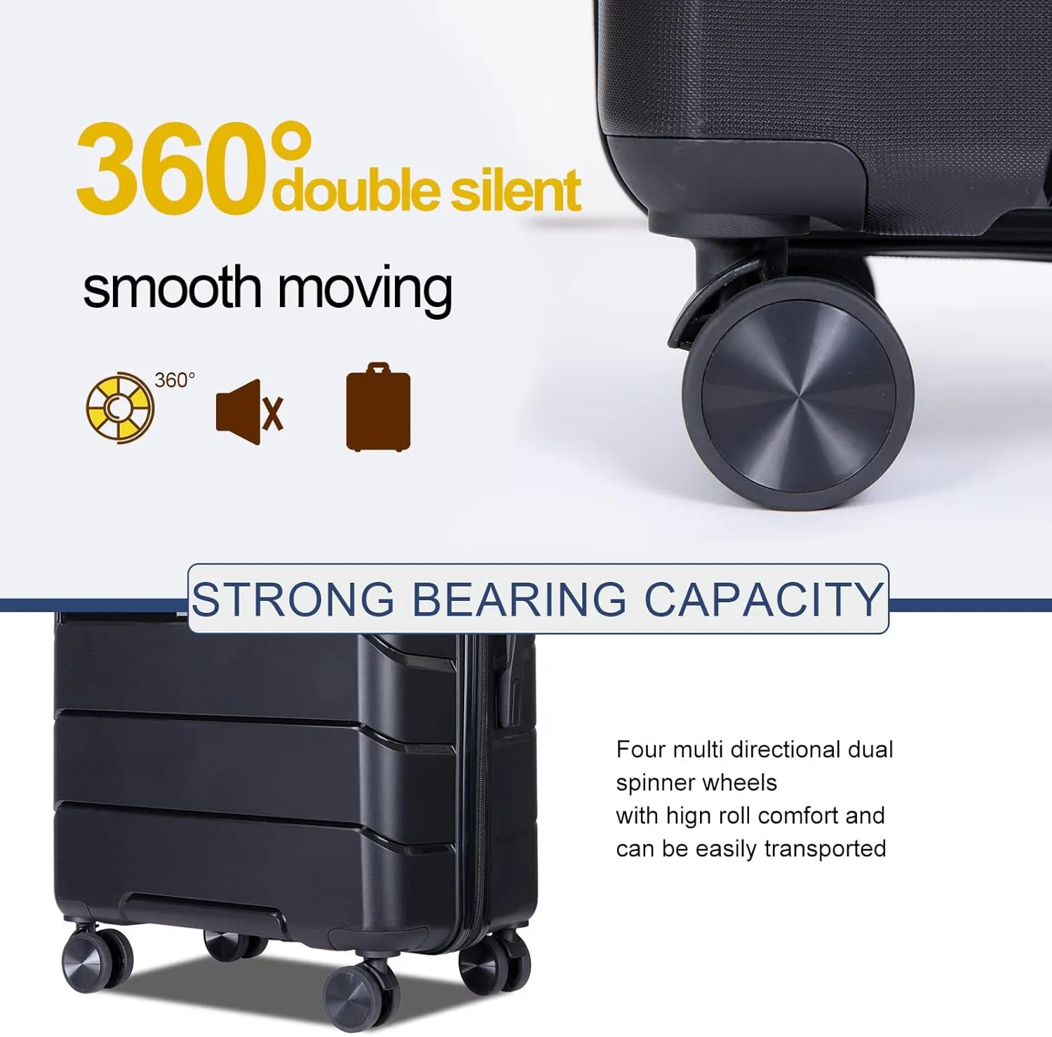 Travelhouse Luggage 3 Piece Set Suitcase with Spinner Wheels TSA Locks PP Luggage Hardside Carry on 20in 24in 28in For Unisex (Black)
