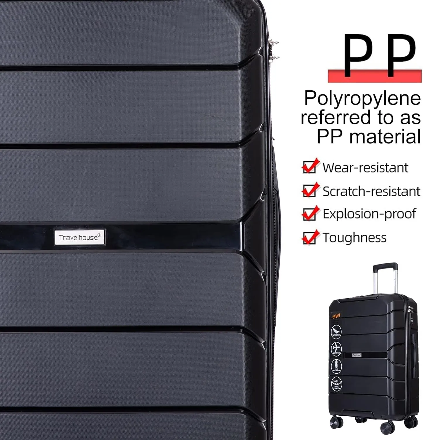 Travelhouse Luggage 3 Piece Set Suitcase with Spinner Wheels TSA Locks PP Luggage Hardside Carry on 20in 24in 28in For Unisex (Black)