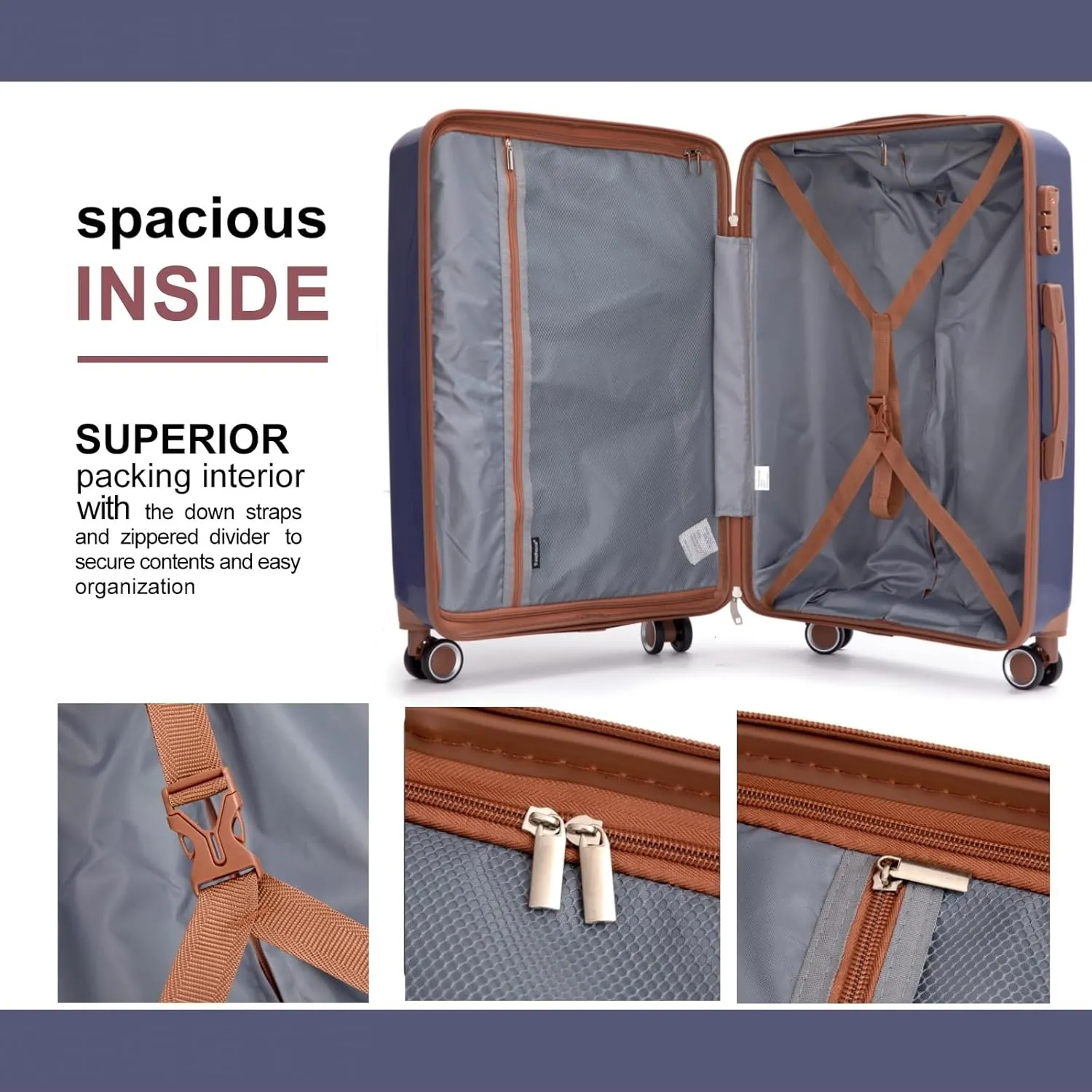 Travelhouse Luggage Sets 5 Piece,PP Hardshell Carry on Suitcase Set,Travel Suitcases with Double Spinner Wheels and TSA Lock (NAVY)