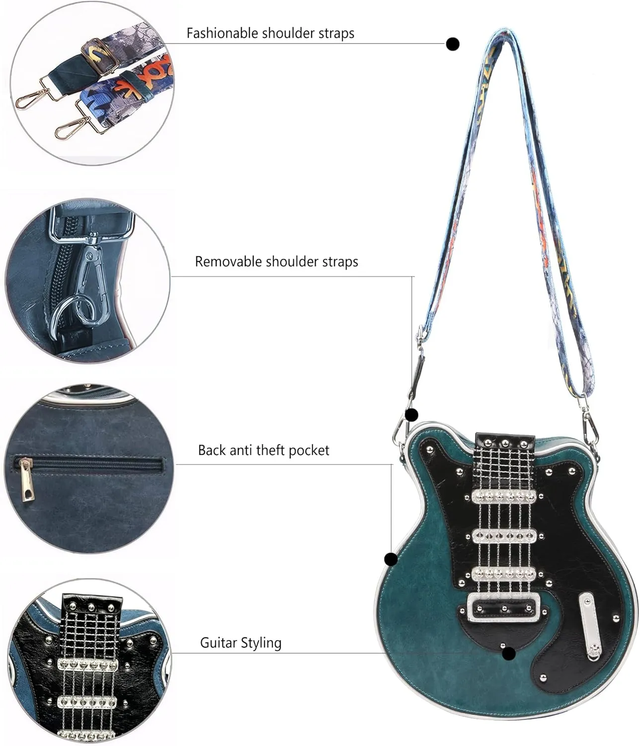 Trendy Guitar Shaped Medium Vegan Leather Crossbody Bag Purse