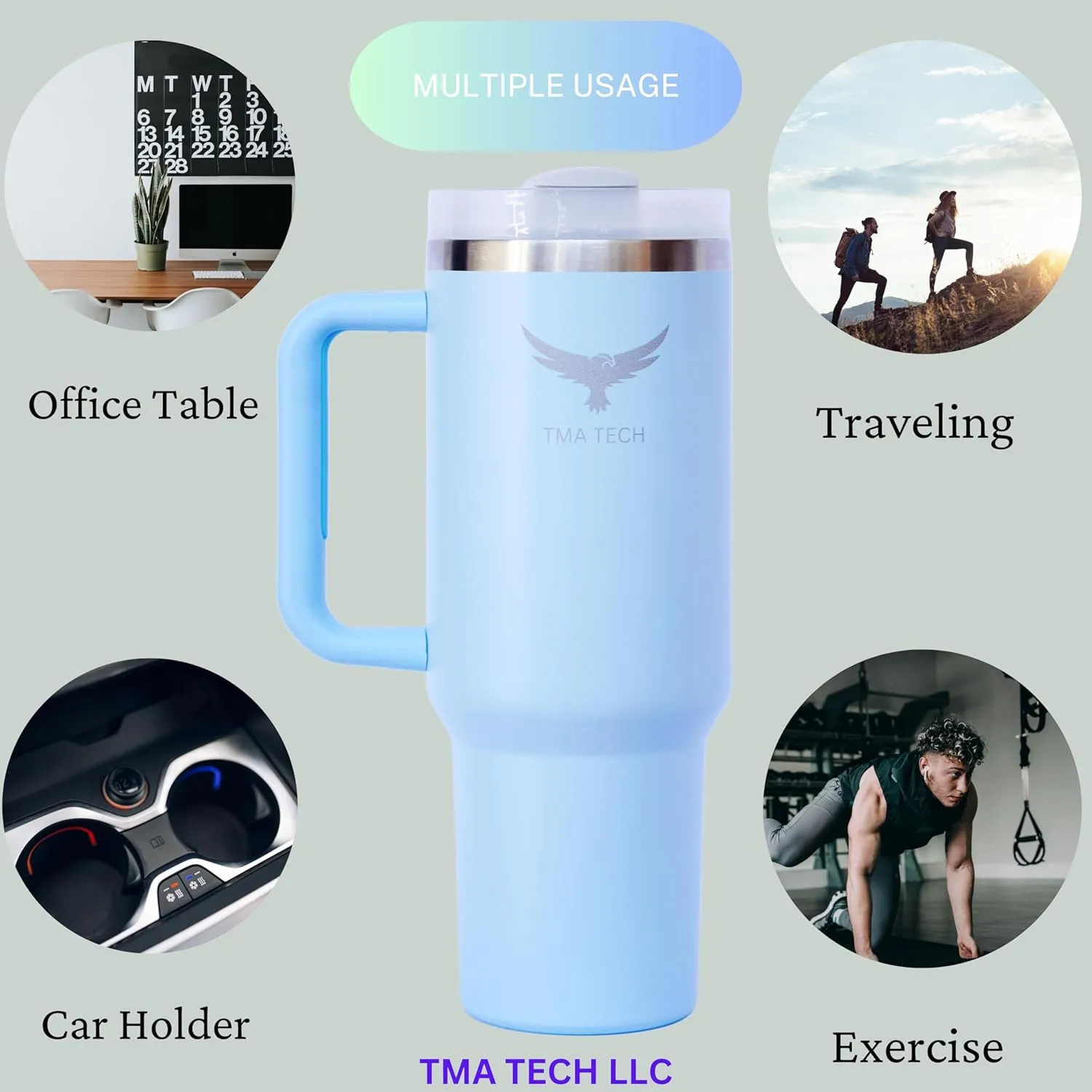 Tumbler Stainless Steel Vacuum Insulated Travel Mug 40oz with Lid and Straw Cap,stanely Cup,2024 New Technology, Unbreakable Mug, Leak-Proof, BPA Free, Hot or Cold Drinks. (Light blue).