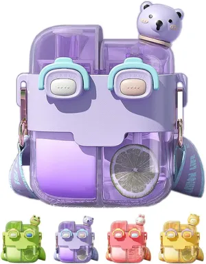 Two Drink Kids Water Bottle with Straw Cute Aesthetic Large Capacity Two-Layer Cup for Little Girls Student Boys School Outdoor Travel, PP and PC Material, 18 oz (Lavender Violet)