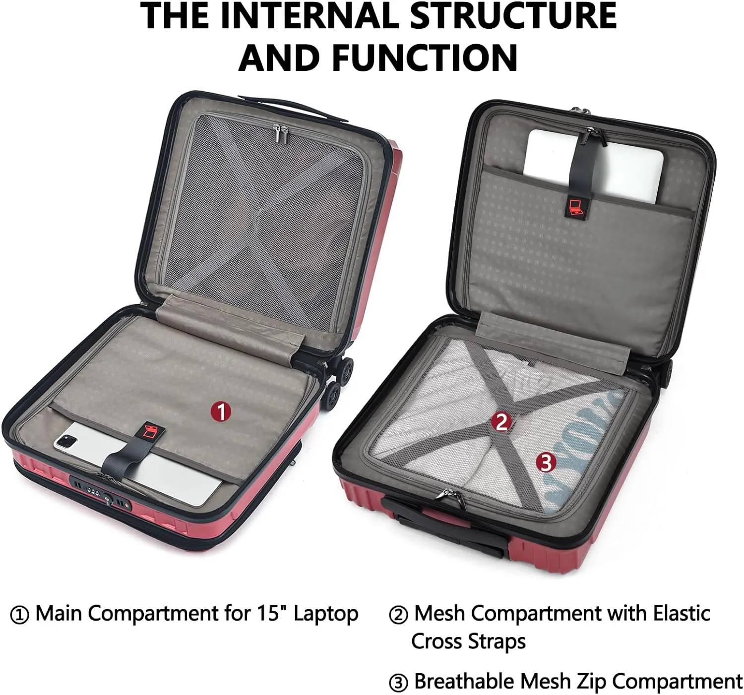 TydeCkare 16" Carry on Luggage with 2 Laptop Compartments, Lightweight Hardshell ABS PC Suitcase with Dual Control TSA Lock, with YKK Zipper, 4 Spinner Silent Wheels, for Business Travel, Wine Red