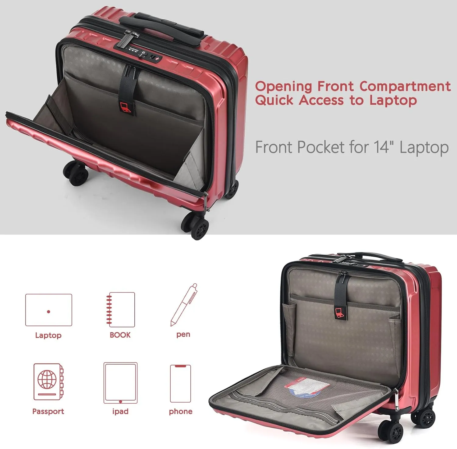 TydeCkare 16" Carry on Luggage with 2 Laptop Compartments, Lightweight Hardshell ABS PC Suitcase with Dual Control TSA Lock, with YKK Zipper, 4 Spinner Silent Wheels, for Business Travel, Wine Red