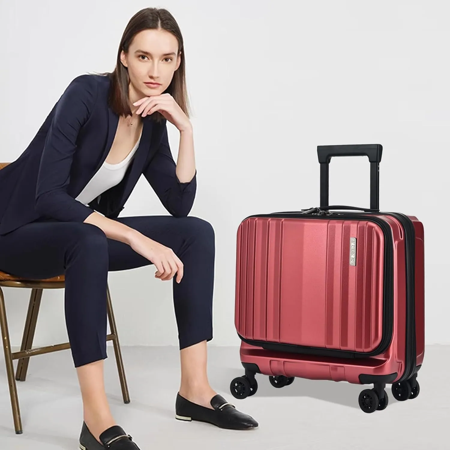 TydeCkare 16" Carry on Luggage with 2 Laptop Compartments, Lightweight Hardshell ABS PC Suitcase with Dual Control TSA Lock, with YKK Zipper, 4 Spinner Silent Wheels, for Business Travel, Wine Red