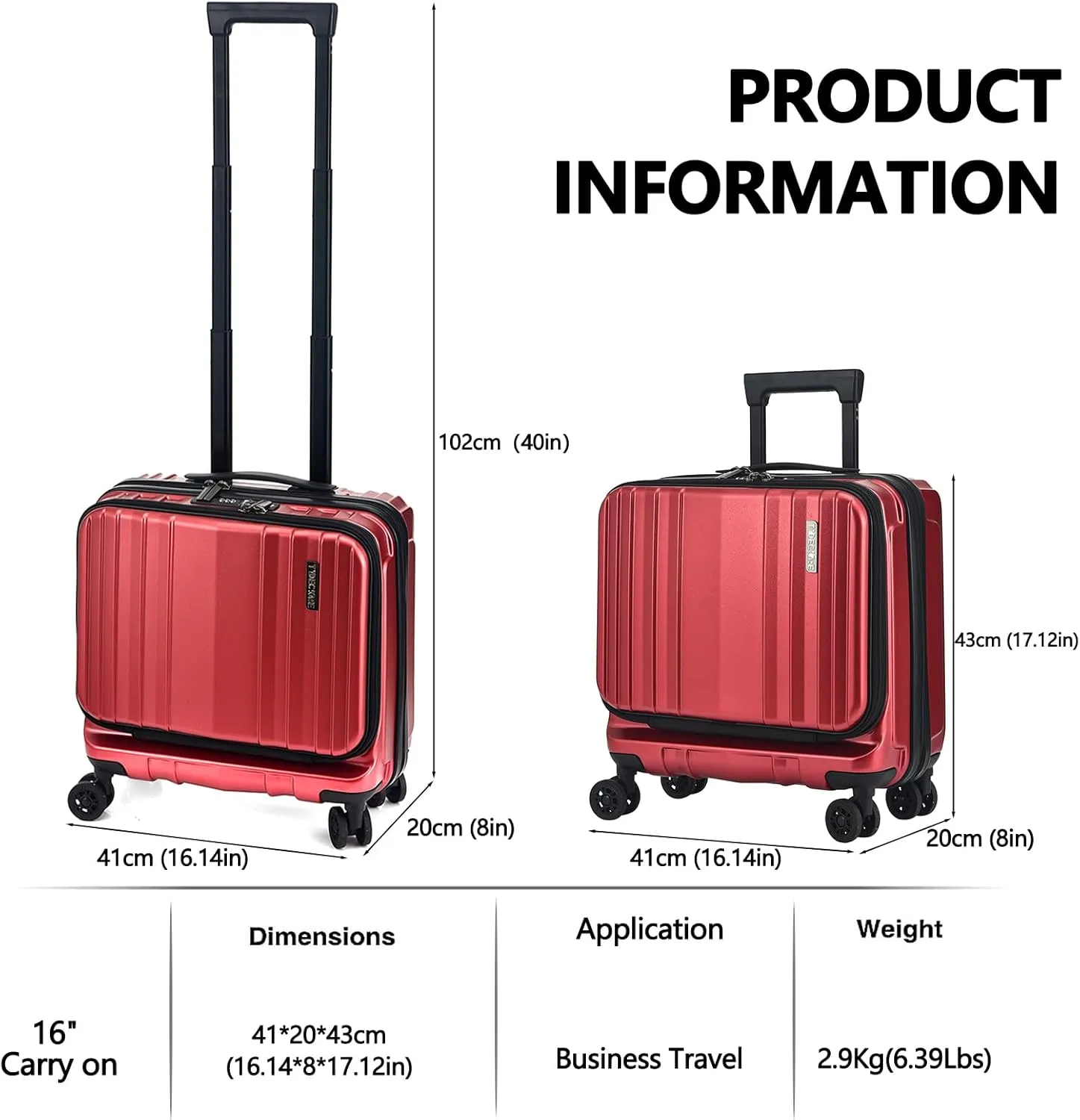 TydeCkare 16" Carry on Luggage with 2 Laptop Compartments, Lightweight Hardshell ABS PC Suitcase with Dual Control TSA Lock, with YKK Zipper, 4 Spinner Silent Wheels, for Business Travel, Wine Red