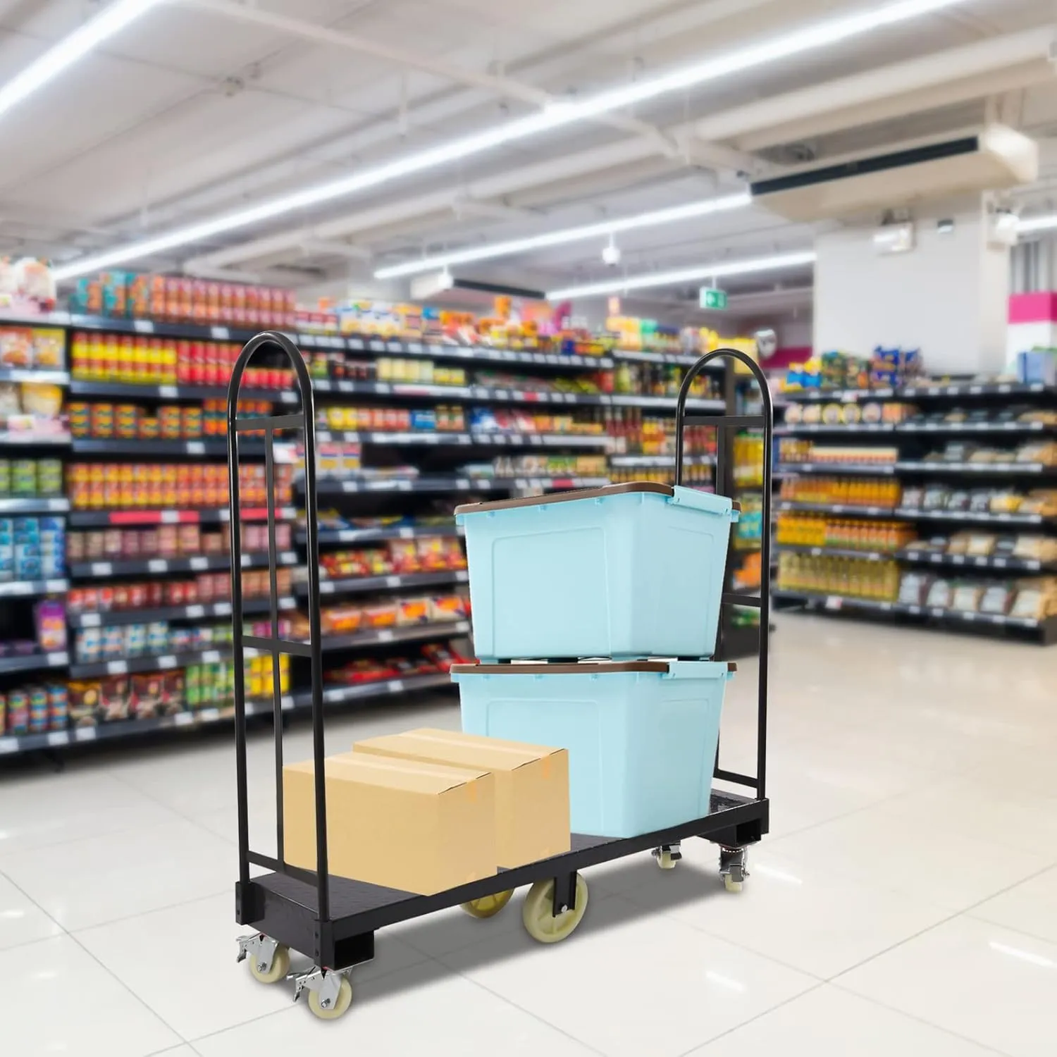 U-Boat Platform Truck Cart with 6 Wheels, 2000LBS U-Boat Hand Dolly Steel Platform Trolley Cart with Removable Handles for Warehouse (60.5×15.7×52.2in)