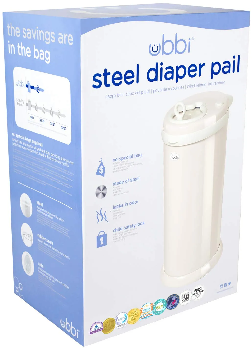 Ubbi Stainless Steel Diaper Pail, Odor Locking, No Special Bag Required, Award-Winning, Registry Must-Have, Cream