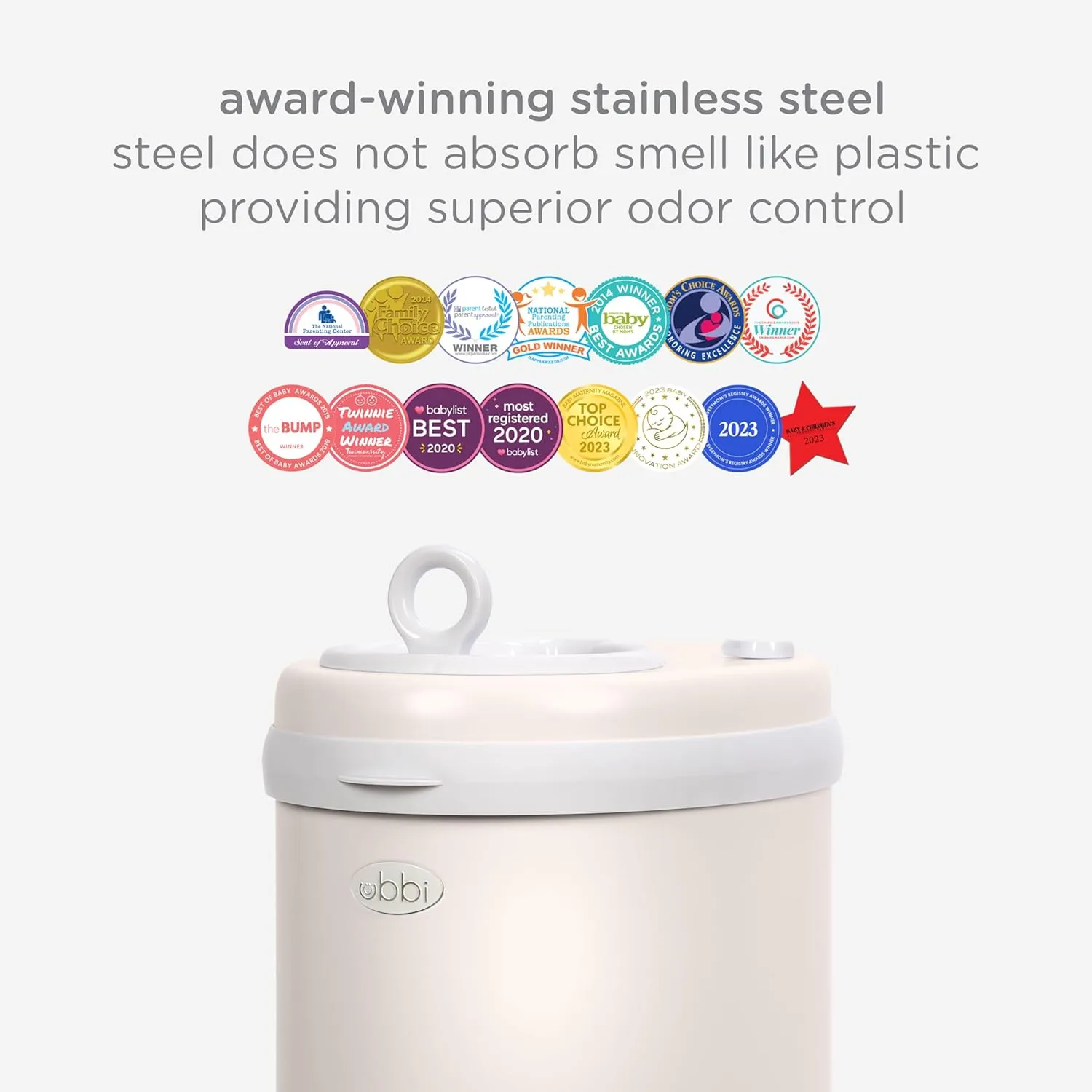 Ubbi Stainless Steel Diaper Pail, Odor Locking, No Special Bag Required, Award-Winning, Registry Must-Have, Cream