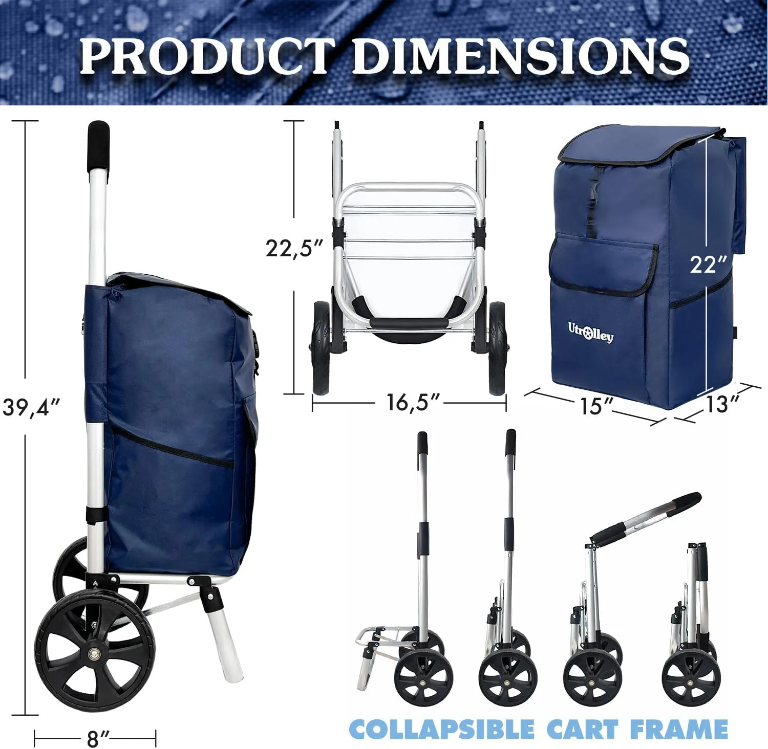Ultra-Lightweight Blue Foldable Shopping Cart for Groceries - Large 42L Capacity Soft Rolling Rubber Wheels, Removable Bag, Multi-Function Personal Hand Truck