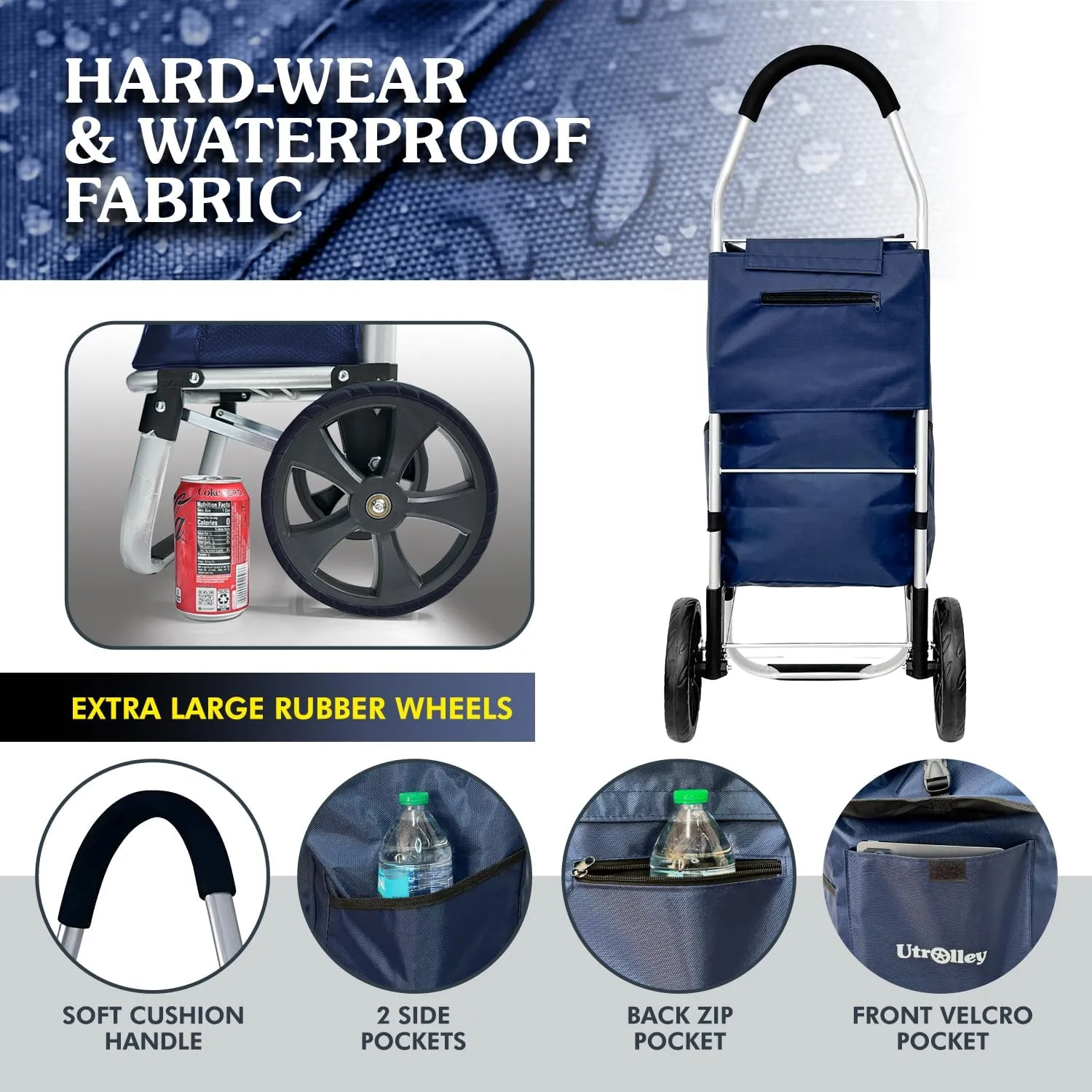 Ultra-Lightweight Blue Foldable Shopping Cart for Groceries - Large 42L Capacity Soft Rolling Rubber Wheels, Removable Bag, Multi-Function Personal Hand Truck