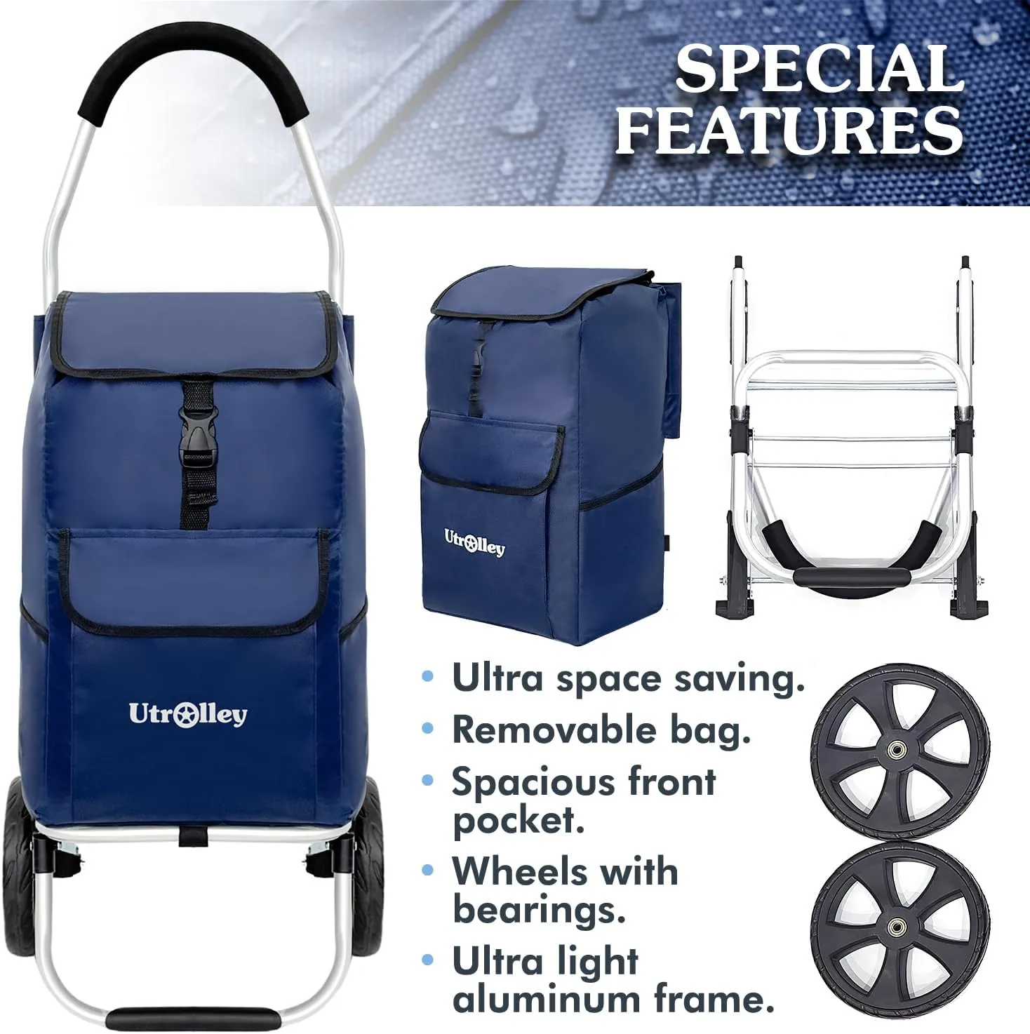 Ultra-Lightweight Blue Foldable Shopping Cart for Groceries - Large 42L Capacity Soft Rolling Rubber Wheels, Removable Bag, Multi-Function Personal Hand Truck