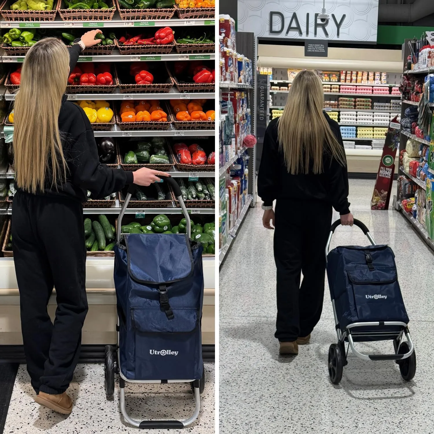 Ultra-Lightweight Blue Foldable Shopping Cart for Groceries - Large 42L Capacity Soft Rolling Rubber Wheels, Removable Bag, Multi-Function Personal Hand Truck