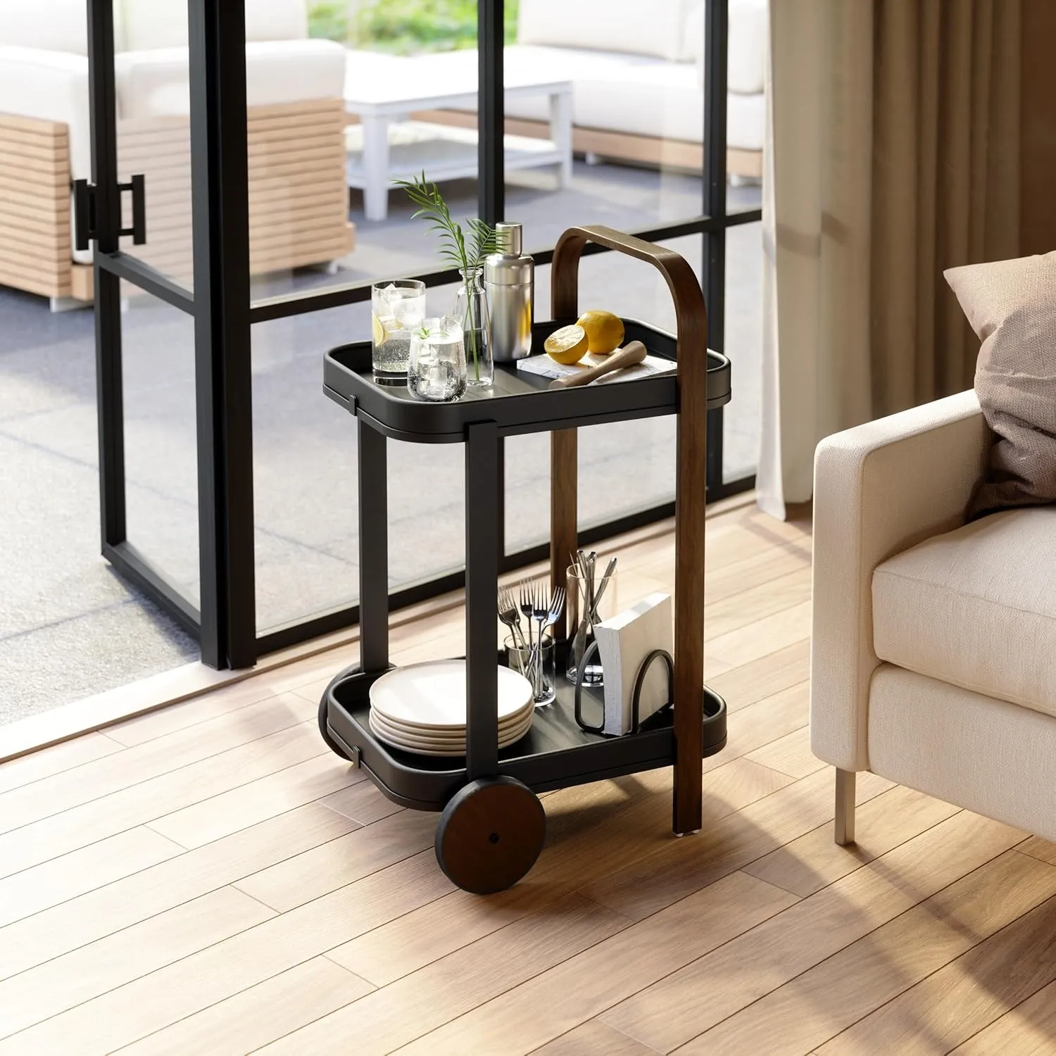 Umbra Bellwood Bar Cart, Serving Trolley, Side Table, Walnut/Black