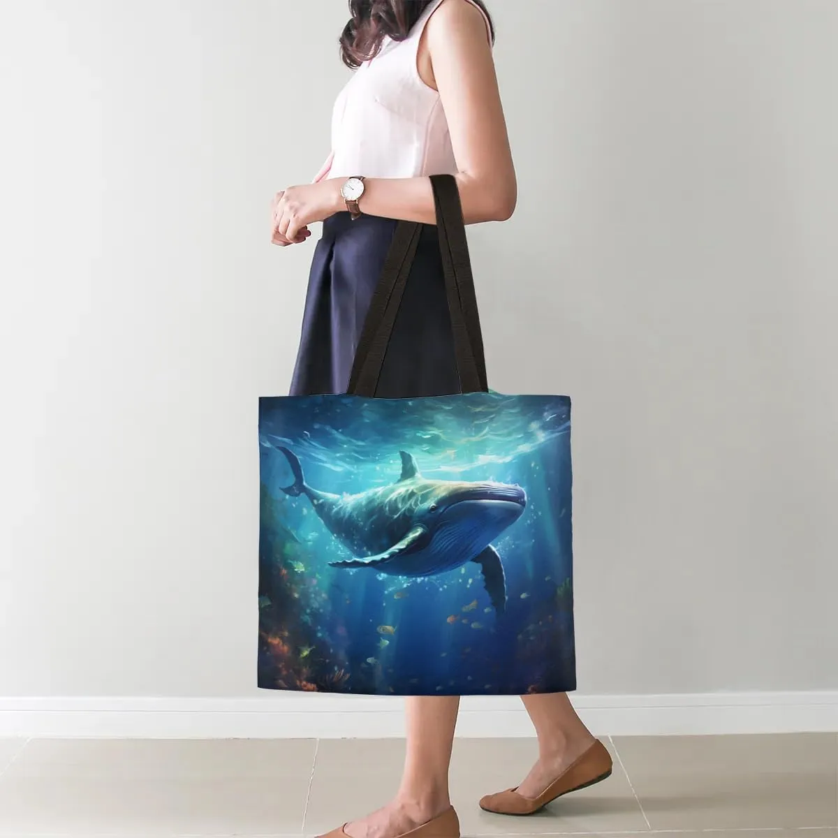 Undersea Dolphins Canvas Tote Bag for Women Men Stylish Tote Handbag Shoulder Bag Reusable Grocery Bag