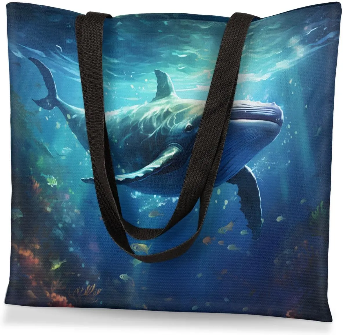 Undersea Dolphins Canvas Tote Bag for Women Men Stylish Tote Handbag Shoulder Bag Reusable Grocery Bag