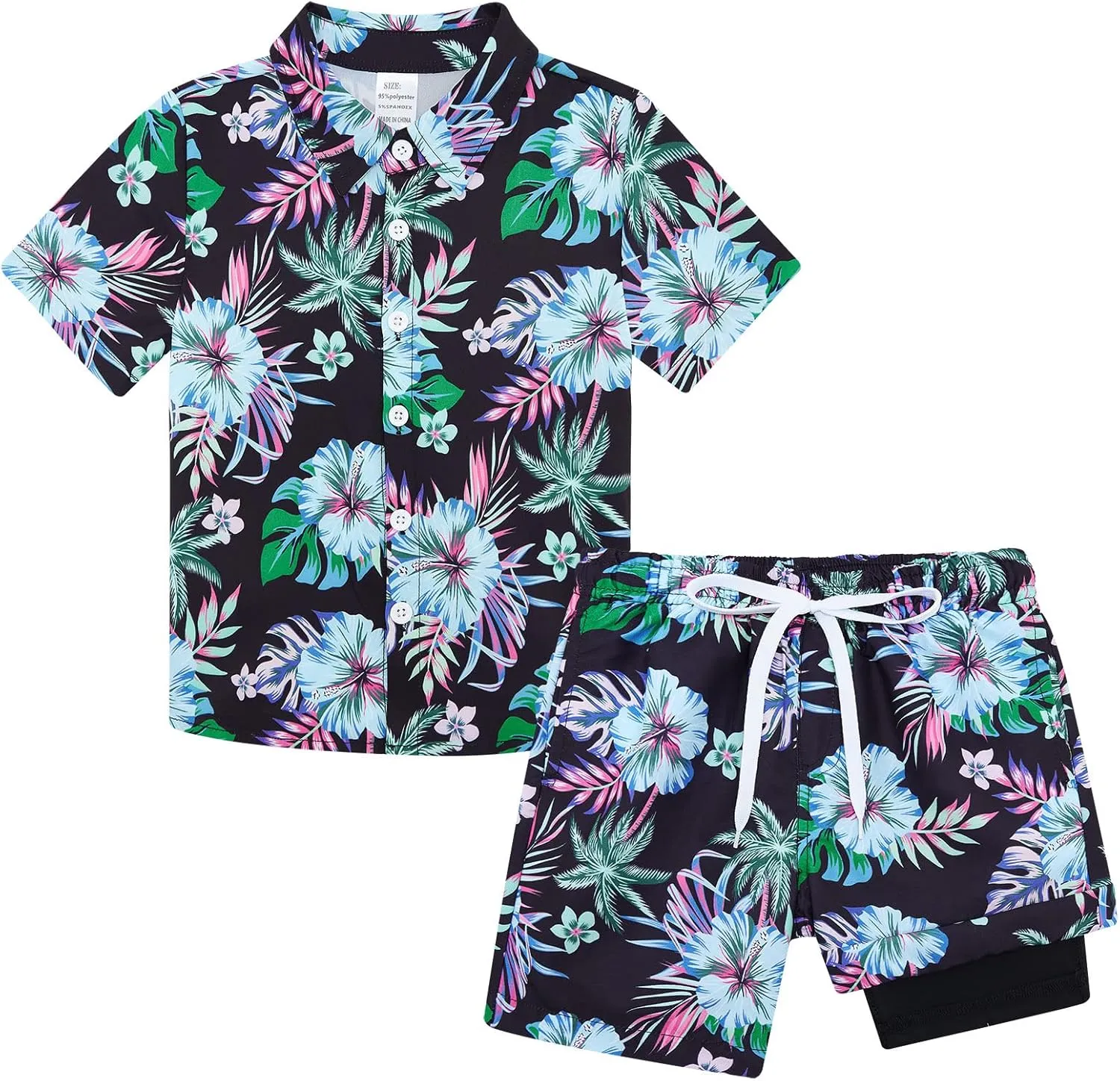 UNICOMIDEA Boys Hawaiian Outfits Tropical Print Button Down Shirt   Swim Trunks 2 Piece Sets for 5-12T Kids
