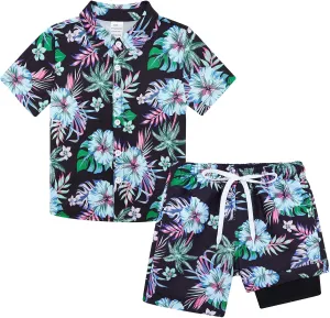 UNICOMIDEA Boys Hawaiian Outfits Tropical Print Button Down Shirt   Swim Trunks 2 Piece Sets for 5-12T Kids