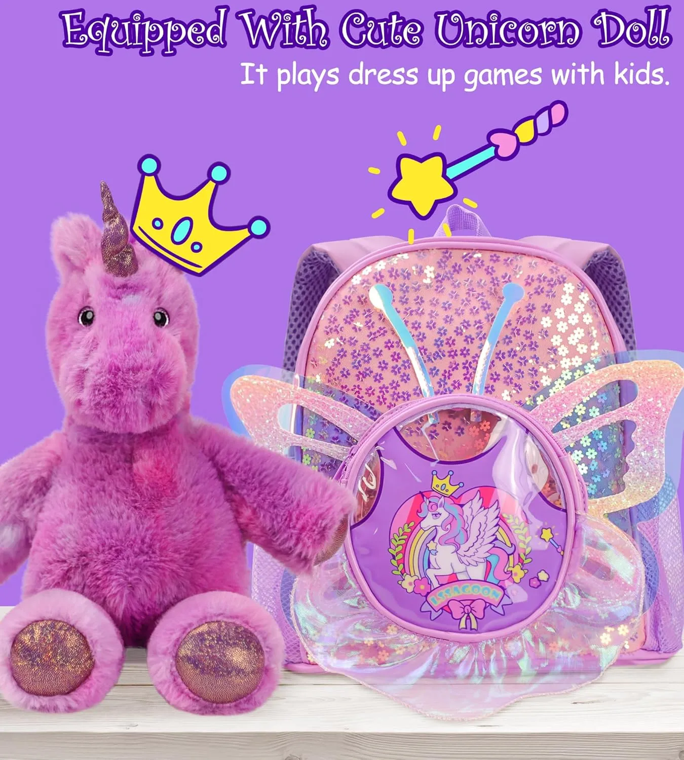 Unicorn Doll Backpacks for Toddler Girls,Cute Sequins Bookbag for Kindergarten Nursery Preschool,Kids Small Ballet Dance Bag,Gift for Xmas Birthday.Unicorn Stuffed AnimaToys