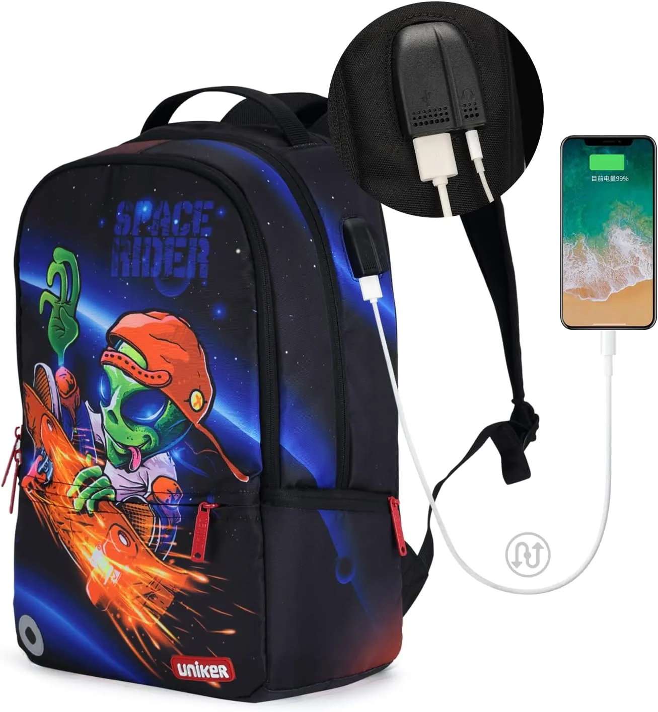 UNIKER School Backpack with USB Charging Port for Teen Boys, Computer Backpack for 15.6 Inch Laptop, Designer Daypack for Work, Alien
