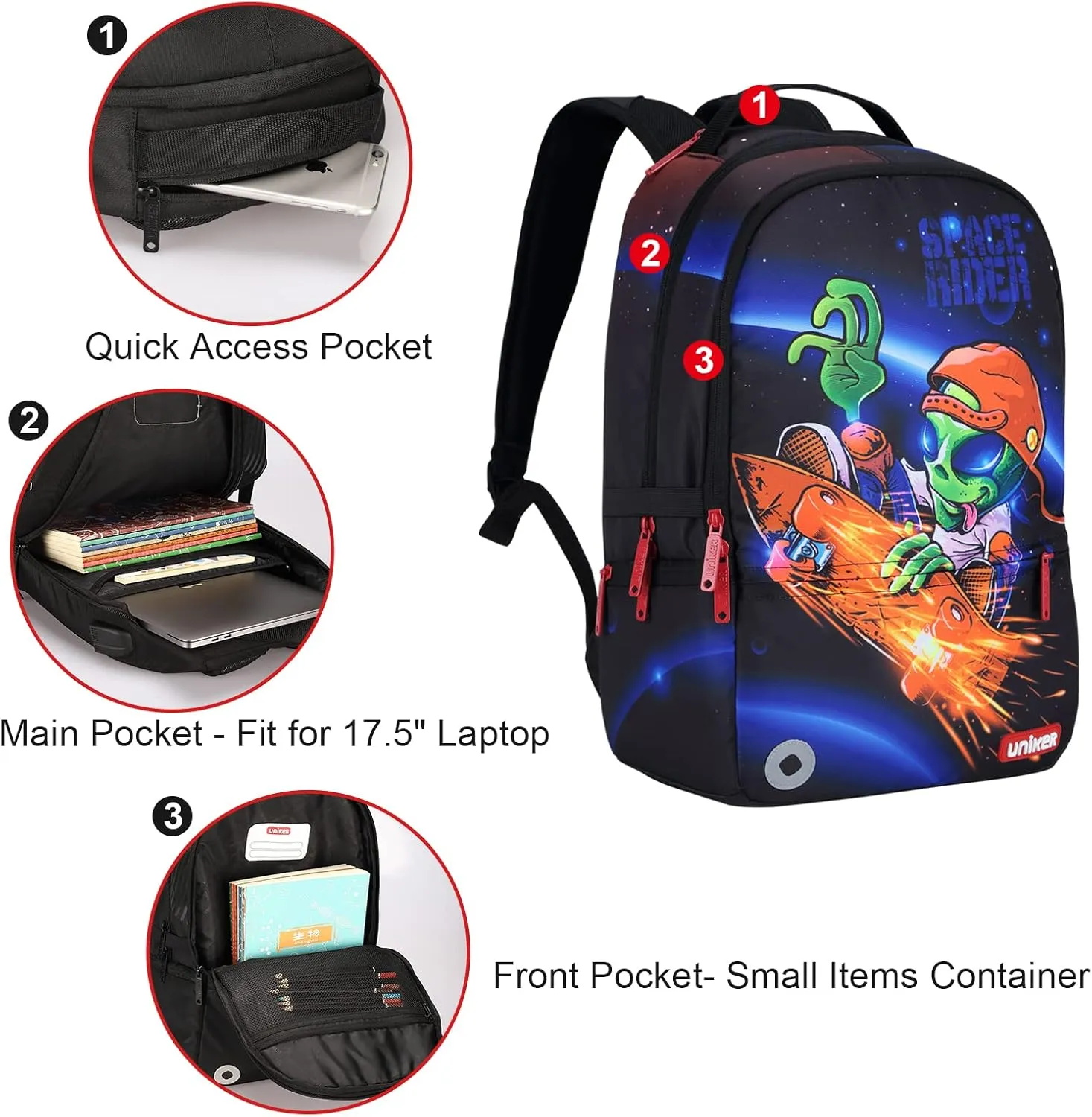 UNIKER School Backpack with USB Charging Port for Teen Boys, Computer Backpack for 15.6 Inch Laptop, Designer Daypack for Work, Alien