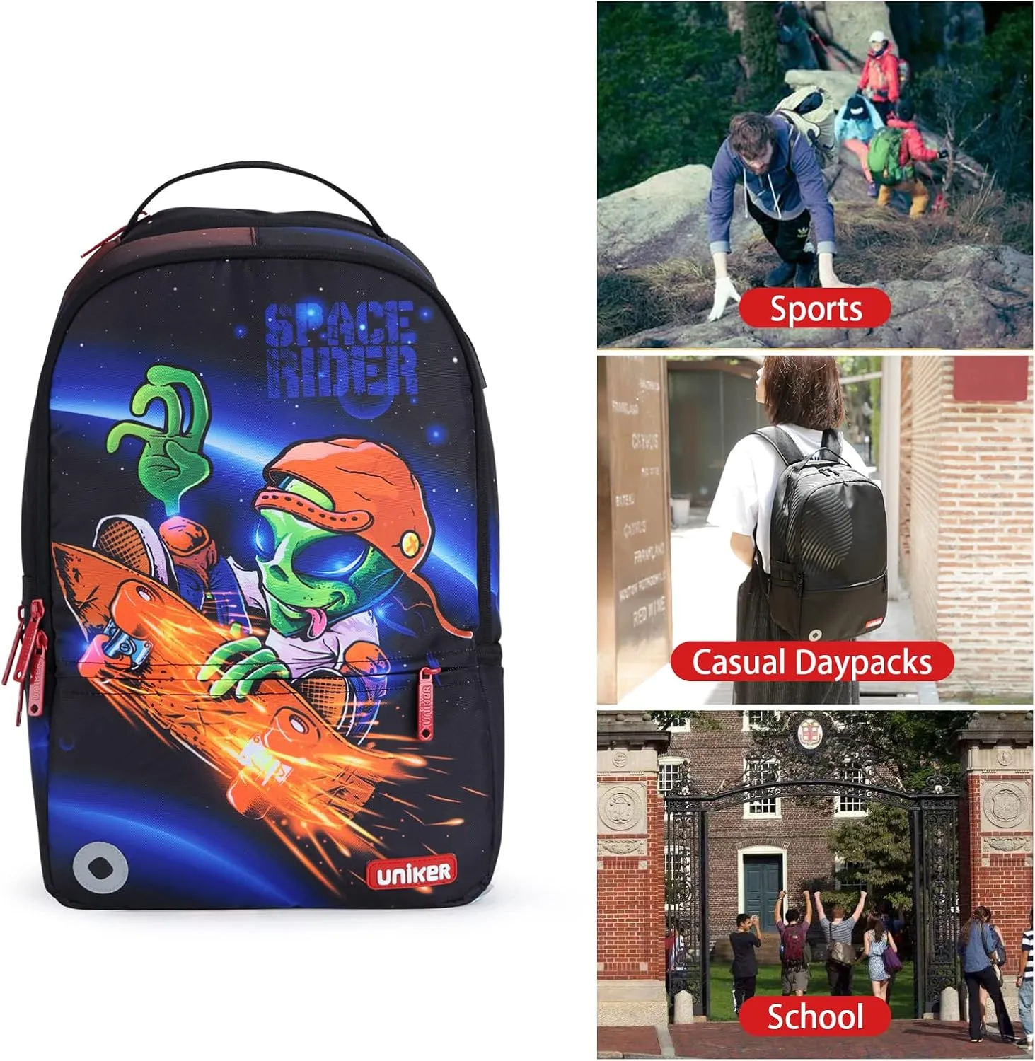 UNIKER School Backpack with USB Charging Port for Teen Boys, Computer Backpack for 15.6 Inch Laptop, Designer Daypack for Work, Alien