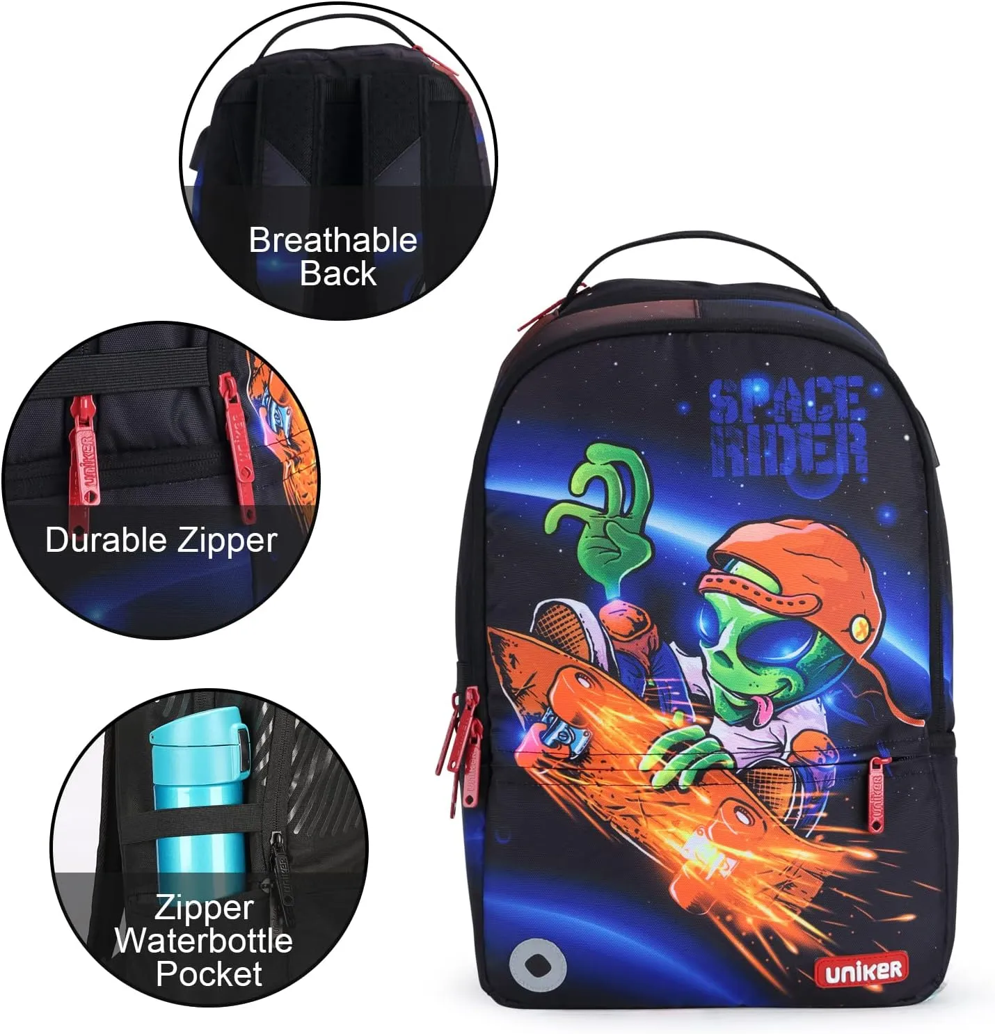 UNIKER School Backpack with USB Charging Port for Teen Boys, Computer Backpack for 15.6 Inch Laptop, Designer Daypack for Work, Alien