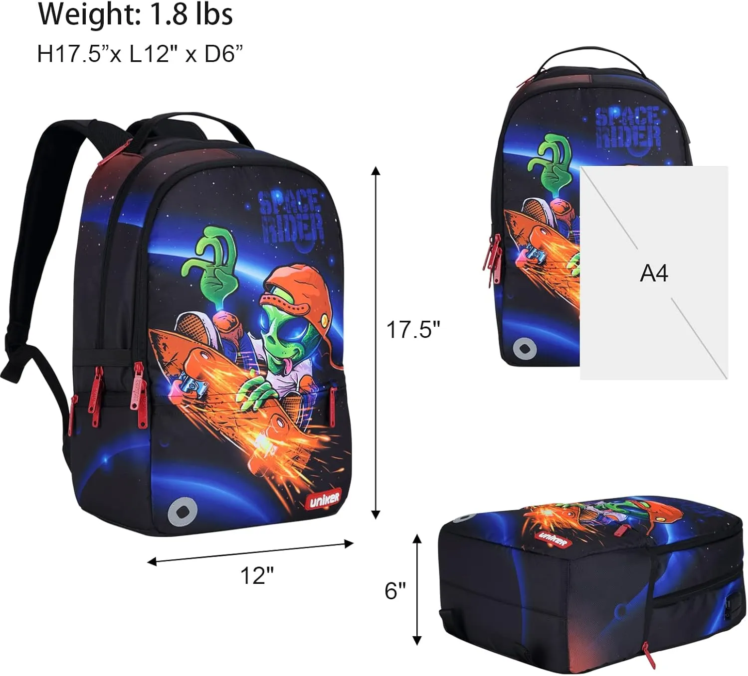 UNIKER School Backpack with USB Charging Port for Teen Boys, Computer Backpack for 15.6 Inch Laptop, Designer Daypack for Work, Alien