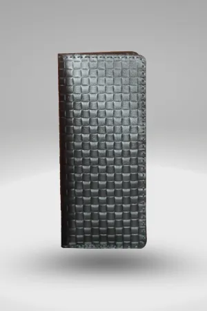 Unisex Genuine Cowhide Leather Wallet With Weaving Texture In Black | Bi-fold Hand-Stitched Leather Long Wallet