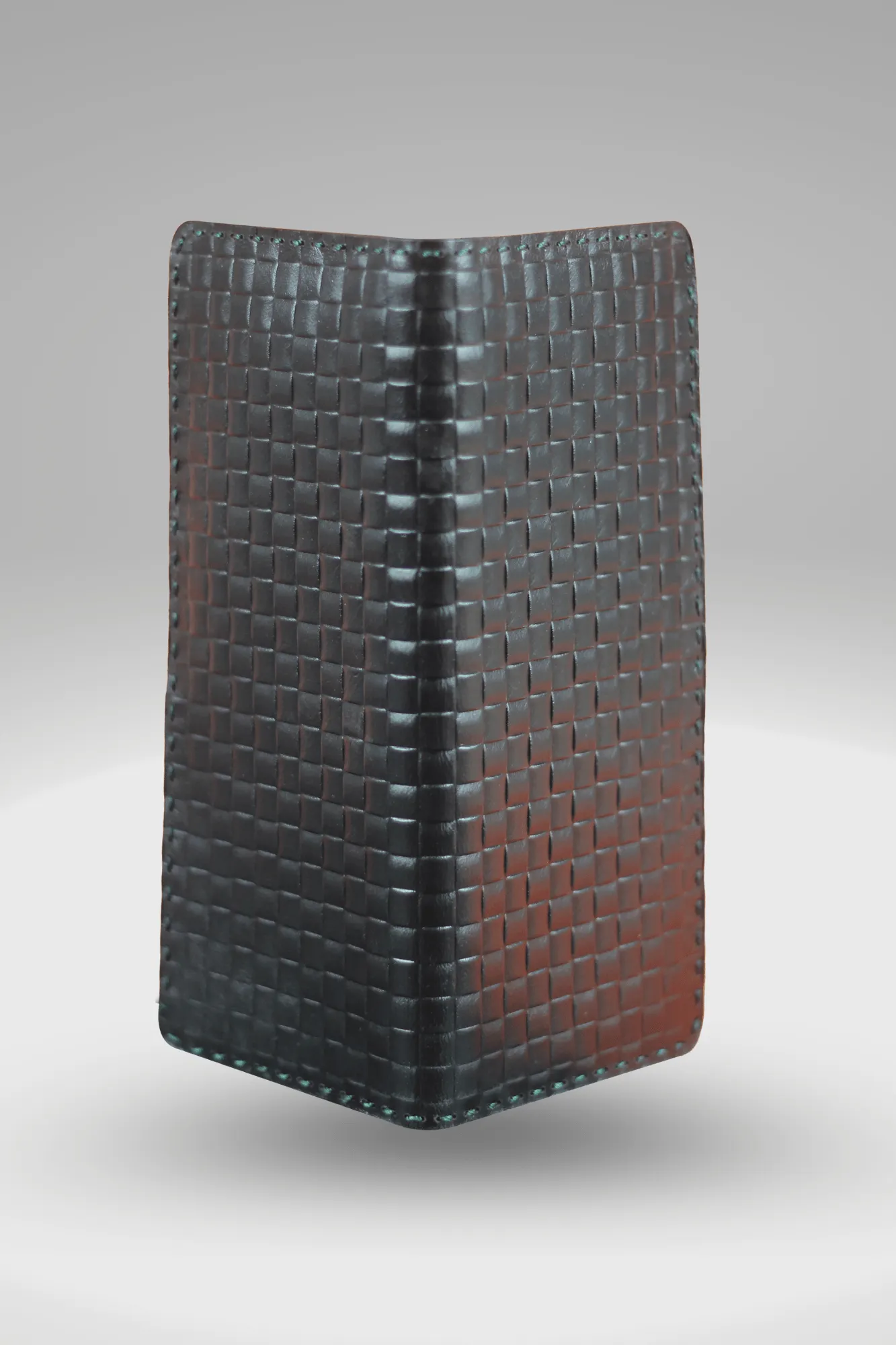 Unisex Genuine Cowhide Leather Wallet With Weaving Texture In Black | Bi-fold Hand-Stitched Leather Long Wallet