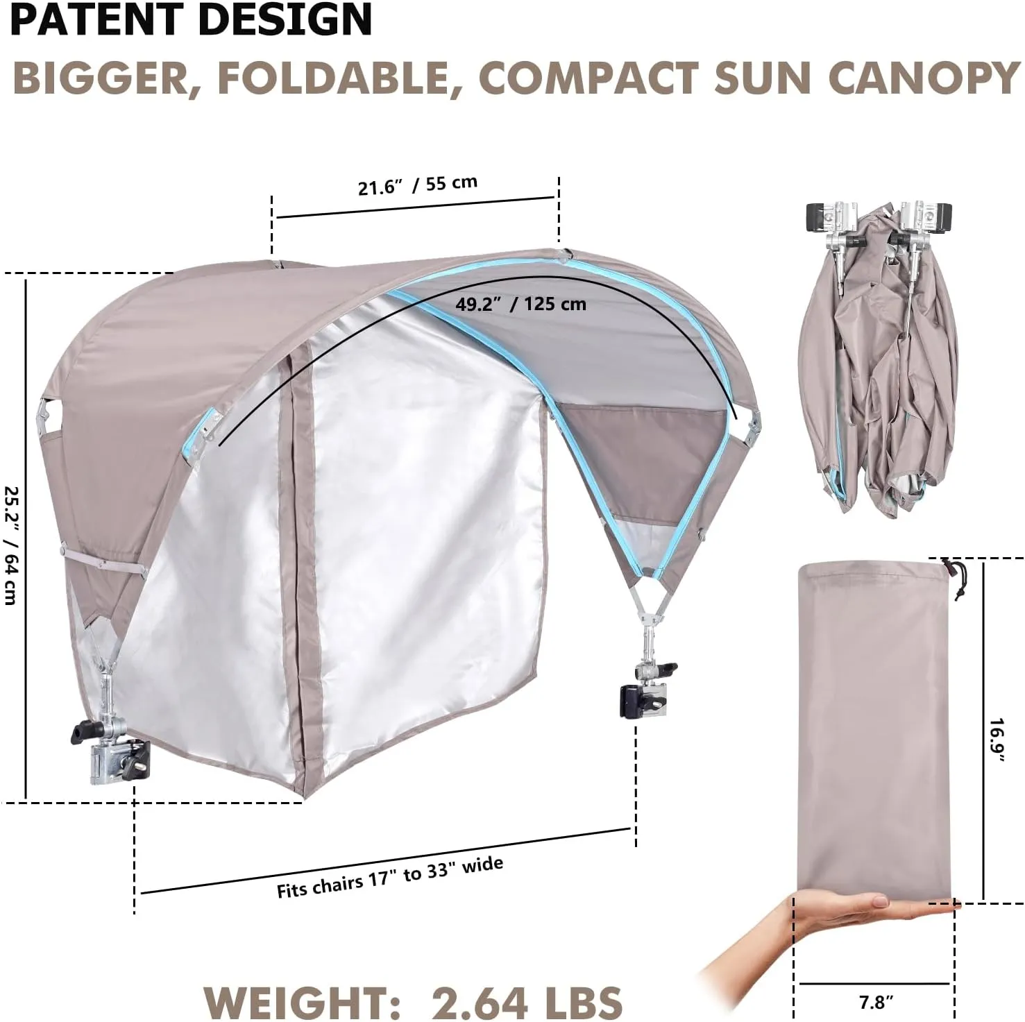 Universal Canopy Umbrella, UPF 50  Sun Shade with Adjustable Clamp Clip for Beach, Outdoor, Sports & Lawn Chairs, Zero Gravity & Wheelchair, Wagon