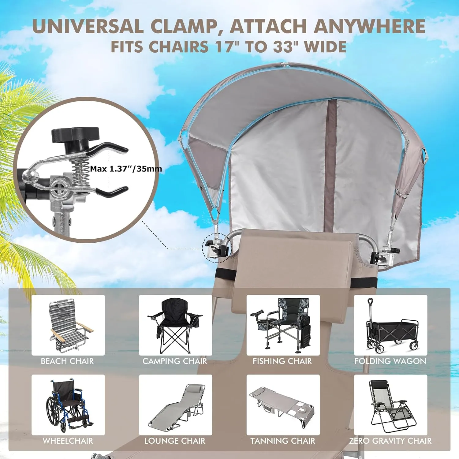 Universal Canopy Umbrella, UPF 50  Sun Shade with Adjustable Clamp Clip for Beach, Outdoor, Sports & Lawn Chairs, Zero Gravity & Wheelchair, Wagon