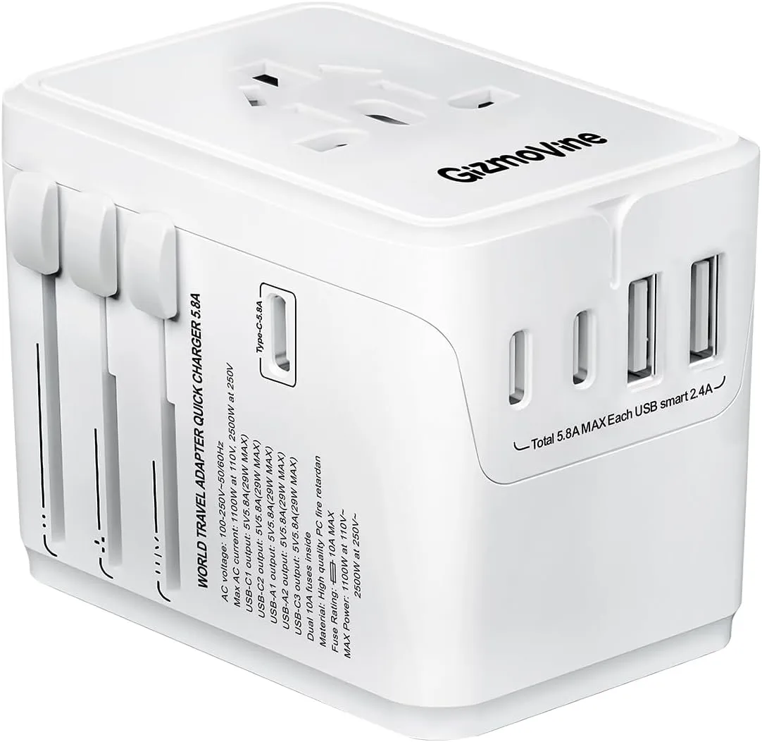Universal International Plug Travel Adapter, 6 in 1 Wall Charger with 3 Type-C 5.8A 29W PD Fast Charging & 2 USB-A 5.8A & Multi AC Outlet Adaptor for USA EU UK AUS 200  Countries