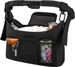 Universal Stroller Organizer with Double Cup Holder， Double Hanging Hooks & Shoulder Strap, Fits for Stroller like Uppababy, Baby Jogger, Britax, BOB, Umbrella and Pet Stroller