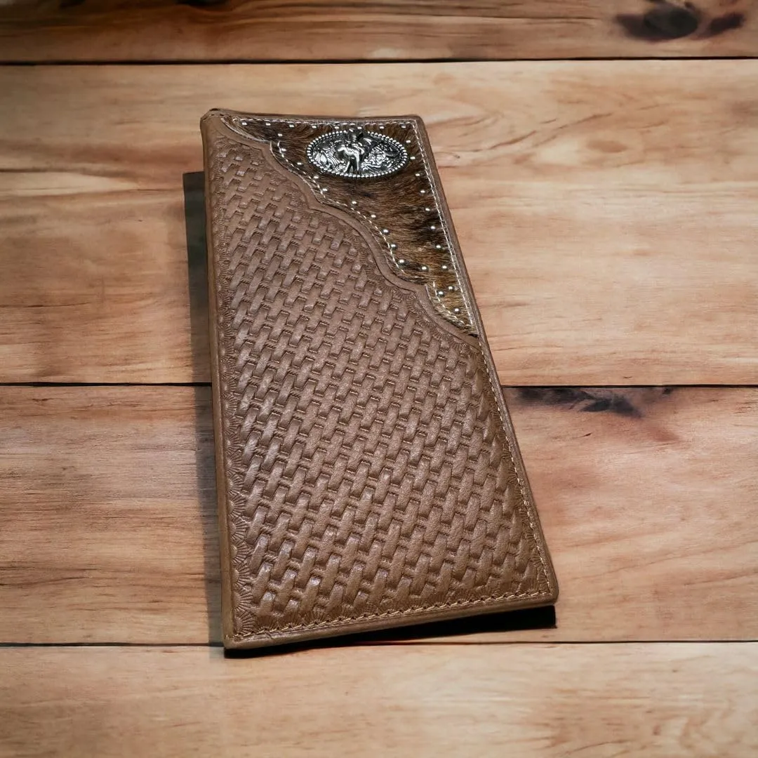 Urbalabs Mens Long Wallet Basketweave Leather Soft Leather Cow Hair Checkbook Style Cowboy Hand Crafted High End Mens Wallets Leather Bull Rider Rodeo Concho Gifts For Men (Brown)