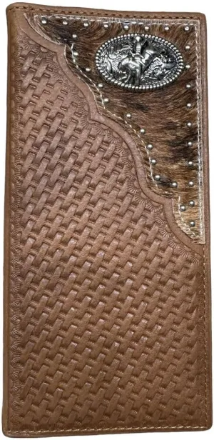 Urbalabs Mens Long Wallet Basketweave Leather Soft Leather Cow Hair Checkbook Style Cowboy Hand Crafted High End Mens Wallets Leather Bull Rider Rodeo Concho Gifts For Men (Brown)