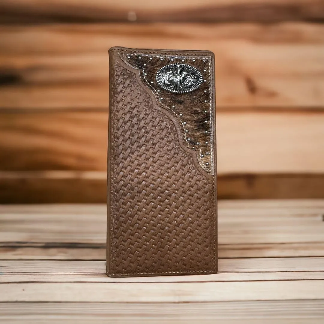 Urbalabs Mens Long Wallet Basketweave Leather Soft Leather Cow Hair Checkbook Style Cowboy Hand Crafted High End Mens Wallets Leather Bull Rider Rodeo Concho Gifts For Men (Brown)