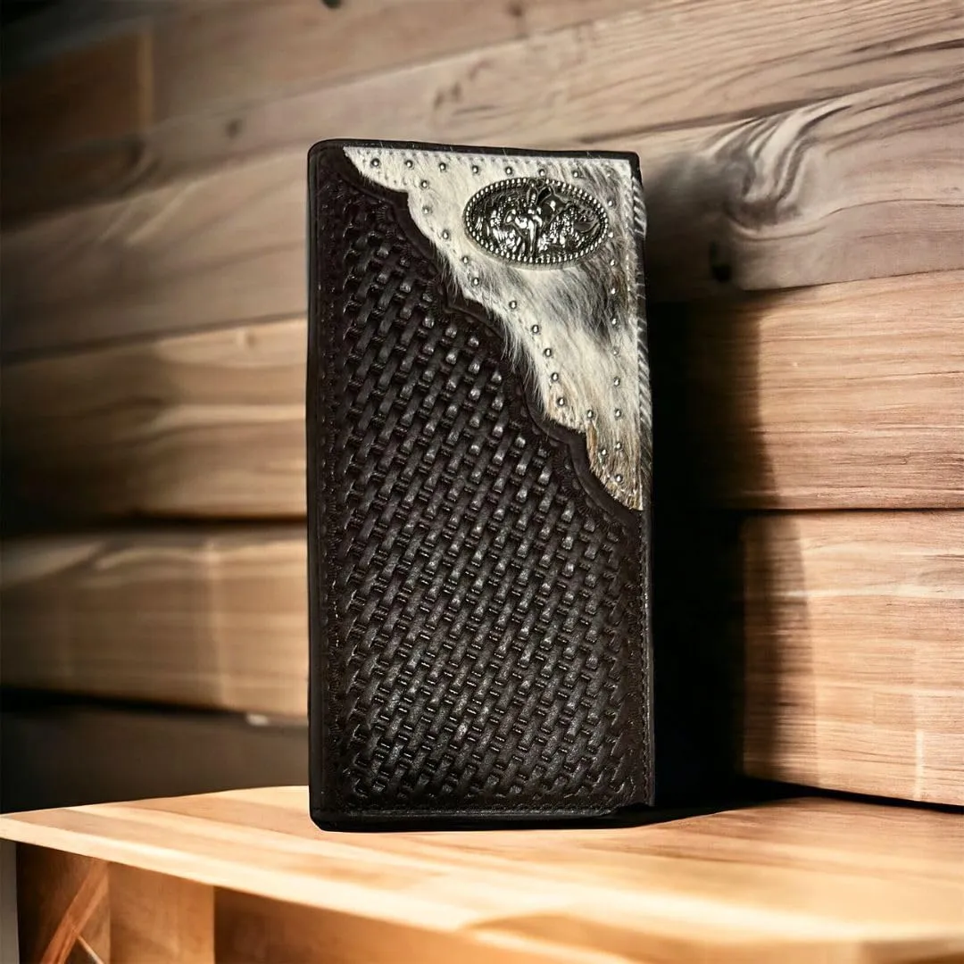 Urbalabs Mens Long Wallet Basketweave Leather Soft Leather Cow Hair Checkbook Style Cowboy Hand Crafted High End Mens Wallets Leather Bull Rider Rodeo Concho Gifts For Men (Coffee)