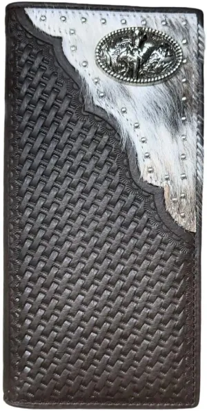Urbalabs Mens Long Wallet Basketweave Leather Soft Leather Cow Hair Checkbook Style Cowboy Hand Crafted High End Mens Wallets Leather Bull Rider Rodeo Concho Gifts For Men (Coffee)