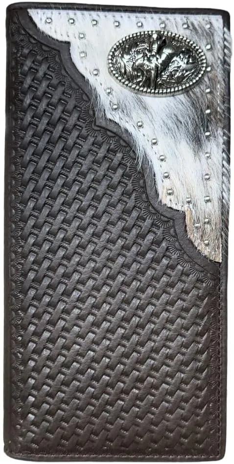 Urbalabs Mens Long Wallet Basketweave Leather Soft Leather Cow Hair Checkbook Style Cowboy Hand Crafted High End Mens Wallets Leather Bull Rider Rodeo Concho Gifts For Men (Coffee)