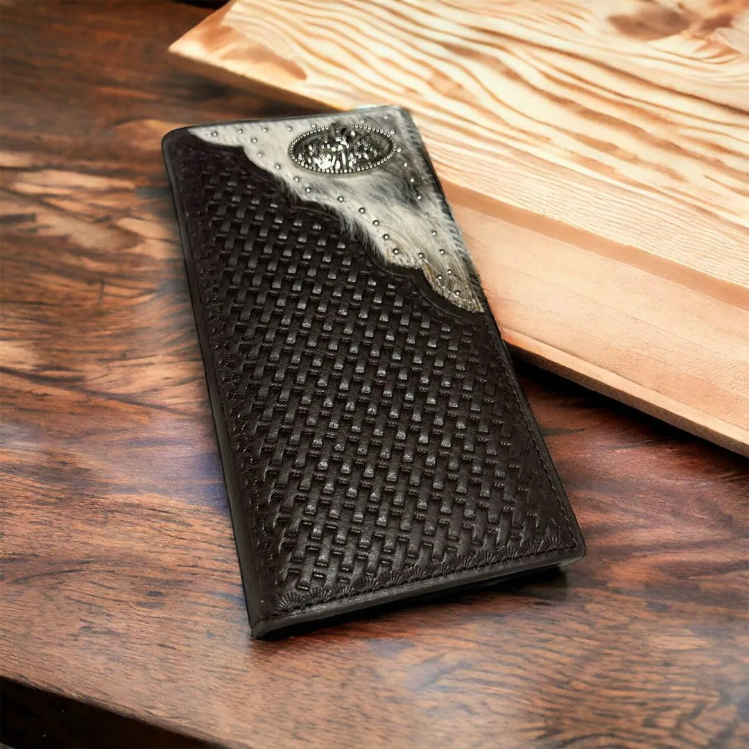 Urbalabs Mens Long Wallet Basketweave Leather Soft Leather Cow Hair Checkbook Style Cowboy Hand Crafted High End Mens Wallets Leather Bull Rider Rodeo Concho Gifts For Men (Coffee)