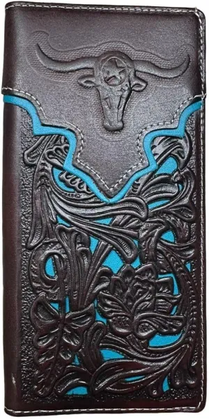Urbalabs Mens Long Wallet Floral Embossed Longhorn Leather Coffee Teal Soft Leather Checkbook Style Cowboy Hand Crafted High End Mens Wallets Leather Bull Rider Rodeo Concho Gifts For Men